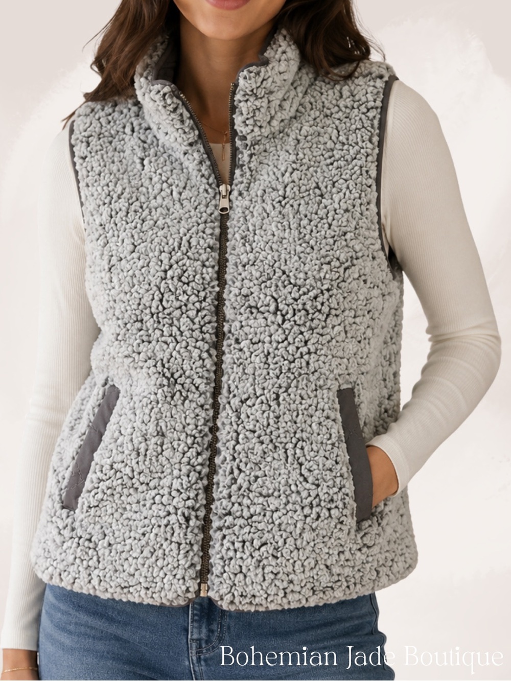 Thread & Supply Reversible Sherpa Fleece Zip Up Vest Women’s Small Gray/Mushroom